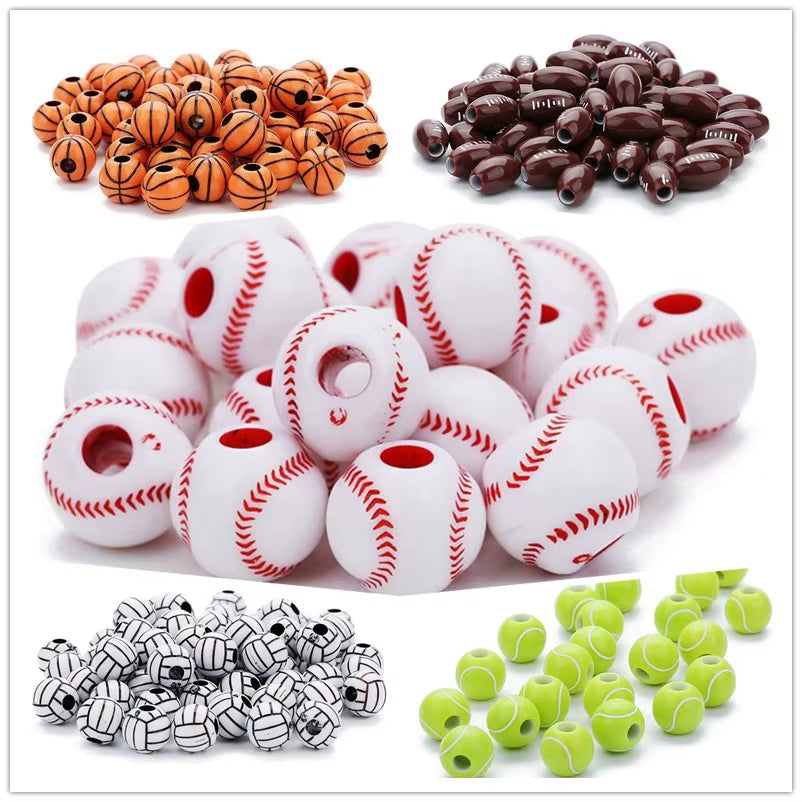 100 Pcs Acrylic Baseball Volleyball Rugby Tennis Basketball Beads 12Mm Sports Pony Ball Spacer Beads Jewelry Making