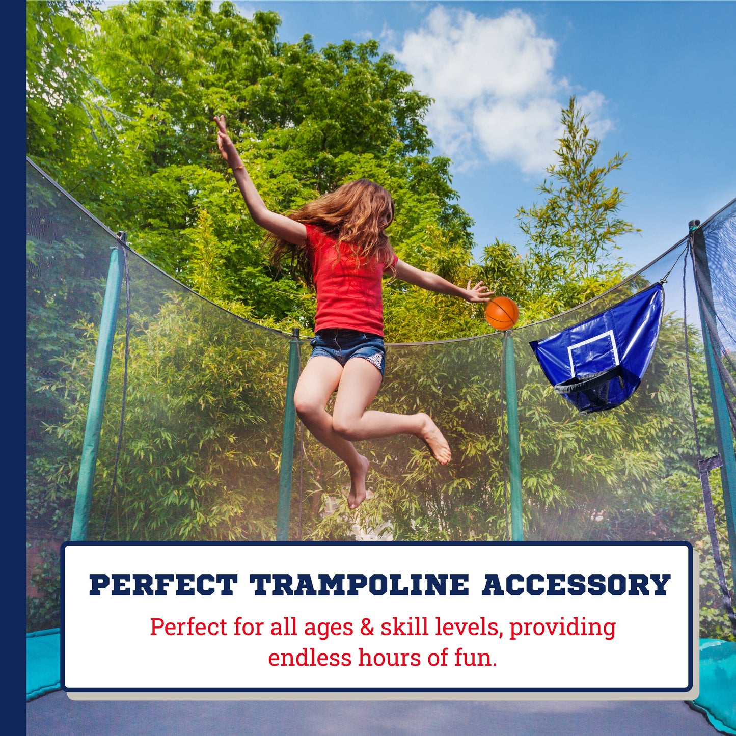 Trampoline Basketball Hoop & Mini B-Balls, Waterproof & Safe Dunking.