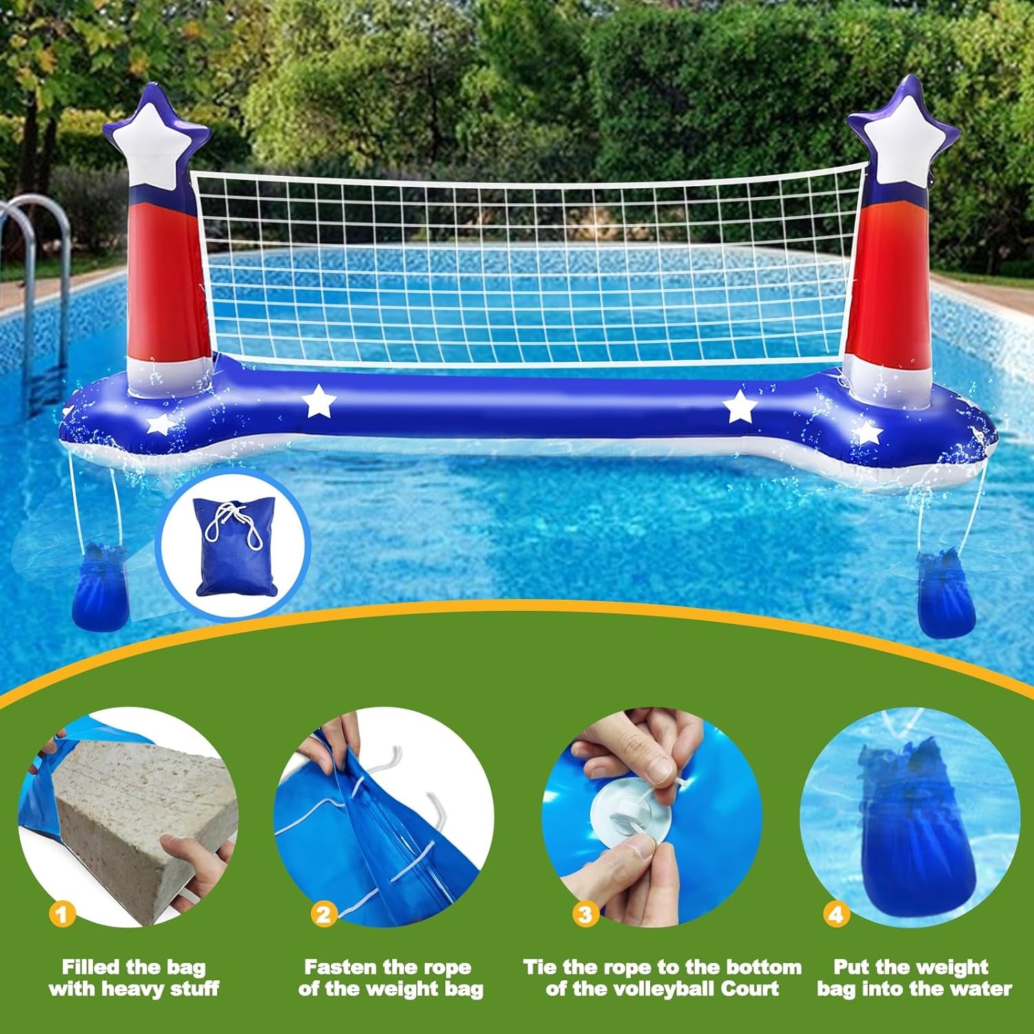 Pool Volleyball Net & Basketball Hoop & Ring Toss, 3-In-1 Large Inflatable Pool Games Set with 2 Balls 6 Rings American Flag Floating Swimming Pool Toys for Kids Adults Summer Pool Party